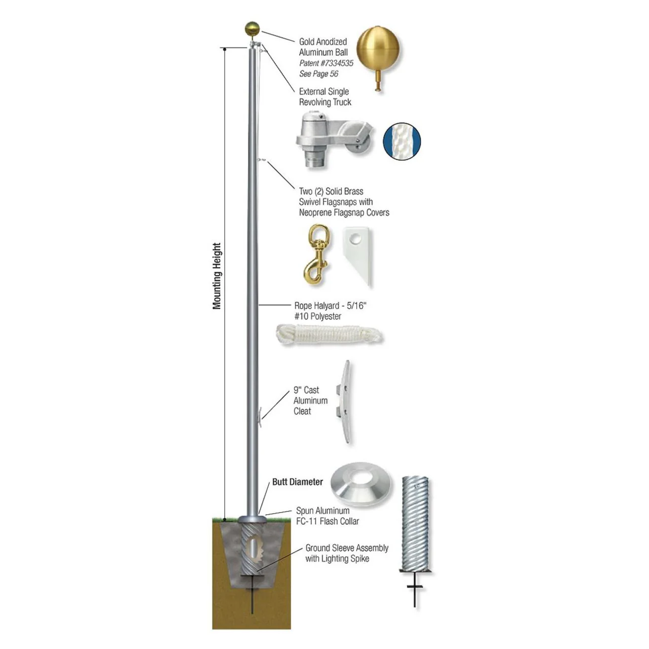 Continental Series 50ft 3 Sections Commercial Flagpole - .188in Wall Thickness - 8in Butt Diameter - Image 3